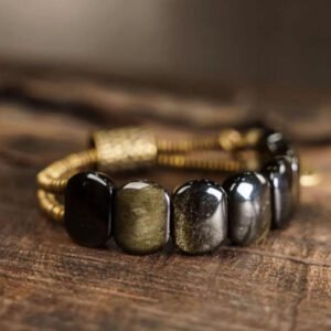 Brass, natural golden stone, ebony wood, dark, charming bracelet
