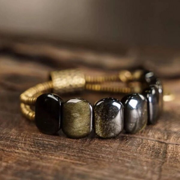 Brass, natural golden stone, ebony wood, dark, charming bracelet