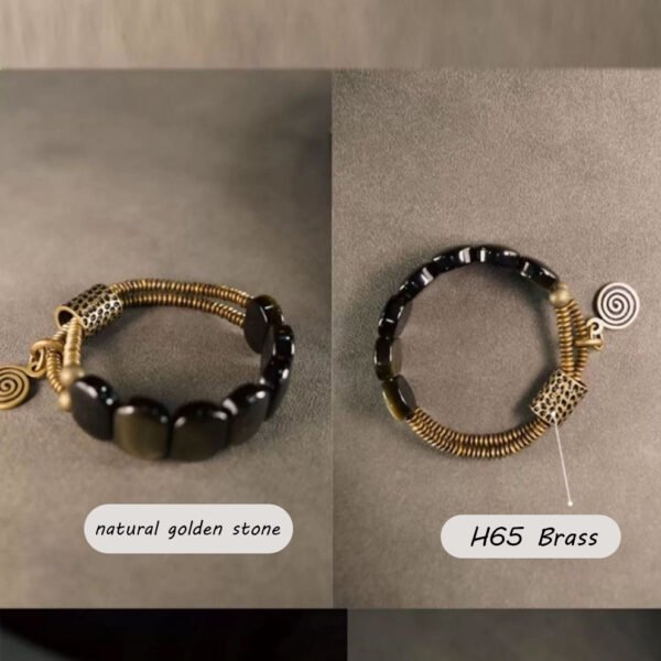 Brass, natural golden stone, ebony wood, dark, charming bracelet - 图片 2
