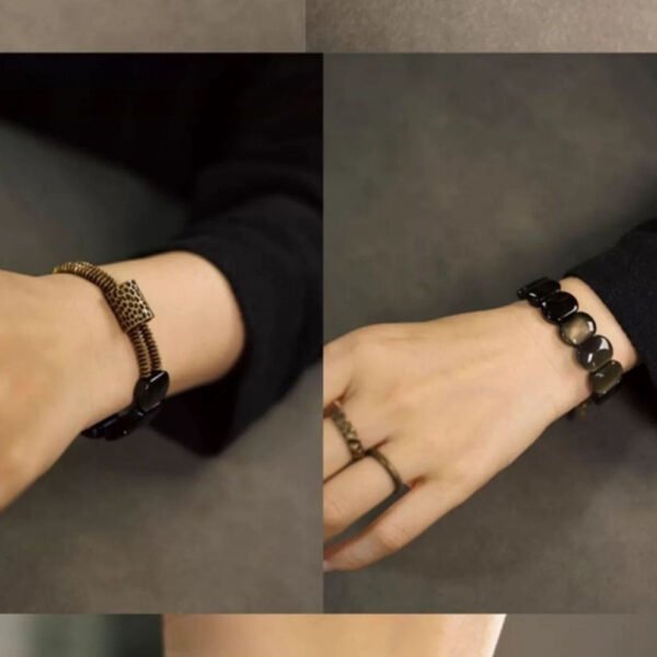 Brass, natural golden stone, ebony wood, dark, charming bracelet - 图片 5