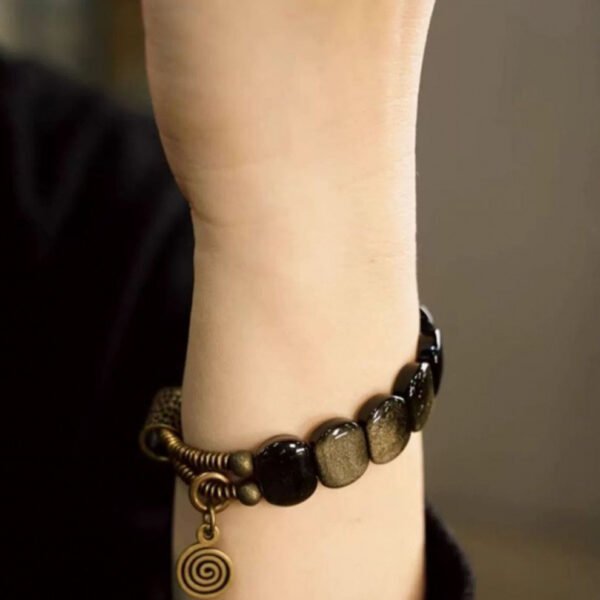 Brass, natural golden stone, ebony wood, dark, charming bracelet - 图片 6