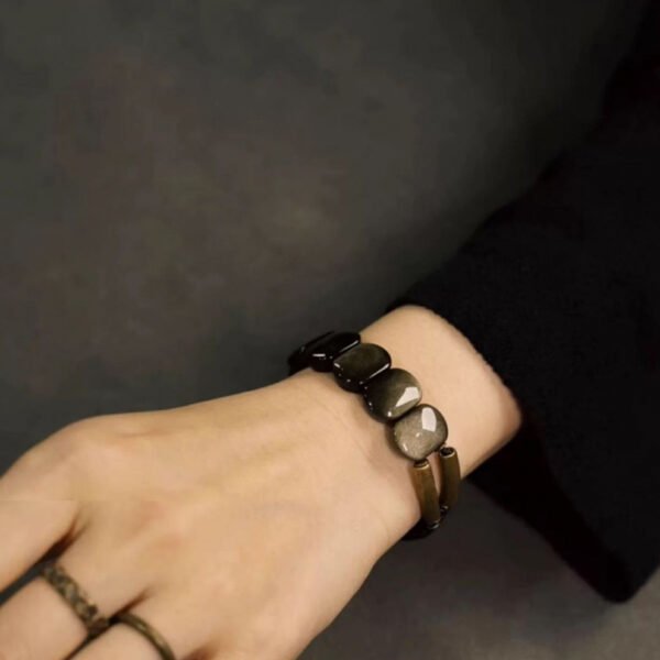 Brass, natural goldstone, ebony, dark, charming and simple bracelet - 图片 2
