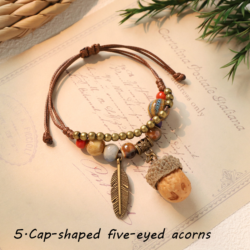 Hand-woven ceramic plant acorn bracelets, natural fruit bracelets, retro, forest-style, literary, ethnic-style bracelets for women - Image 7