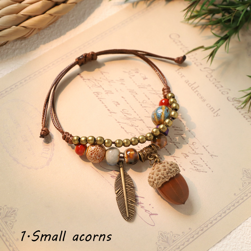 Hand-woven ceramic plant acorn bracelets, natural fruit bracelets, retro, forest-style, literary, ethnic-style bracelets for women - Image 3