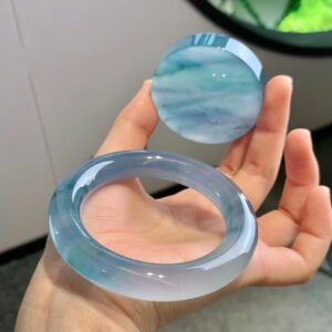 Natural Burmese High Ice Jadeite Bracelet with Blue Flower Pattern